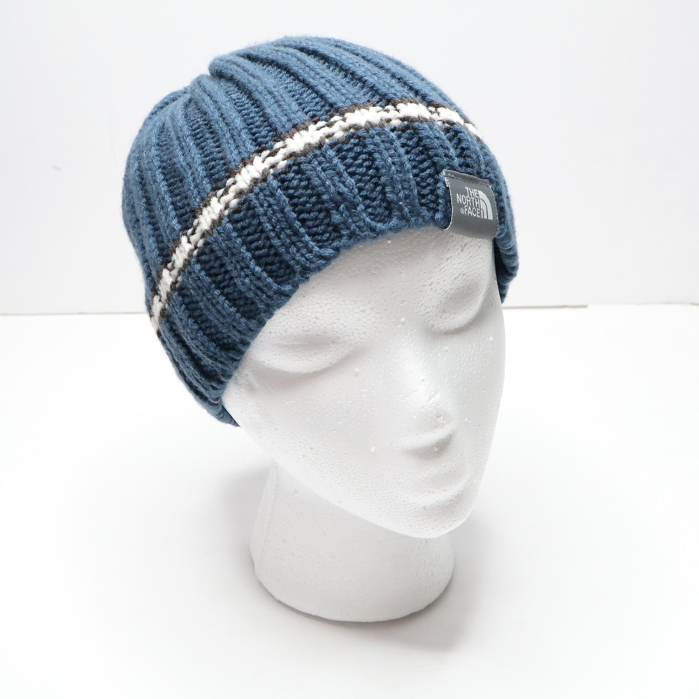 The North Face Blue Knit Beanie Hat Striped‎ Logo Made in Canada OS Y2K Style